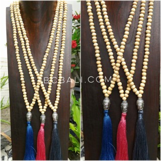 3color mala wood white necklace tassel buddha chrome prayer